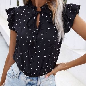 SHEIN Heart Tie Neck Bodysuit in Black